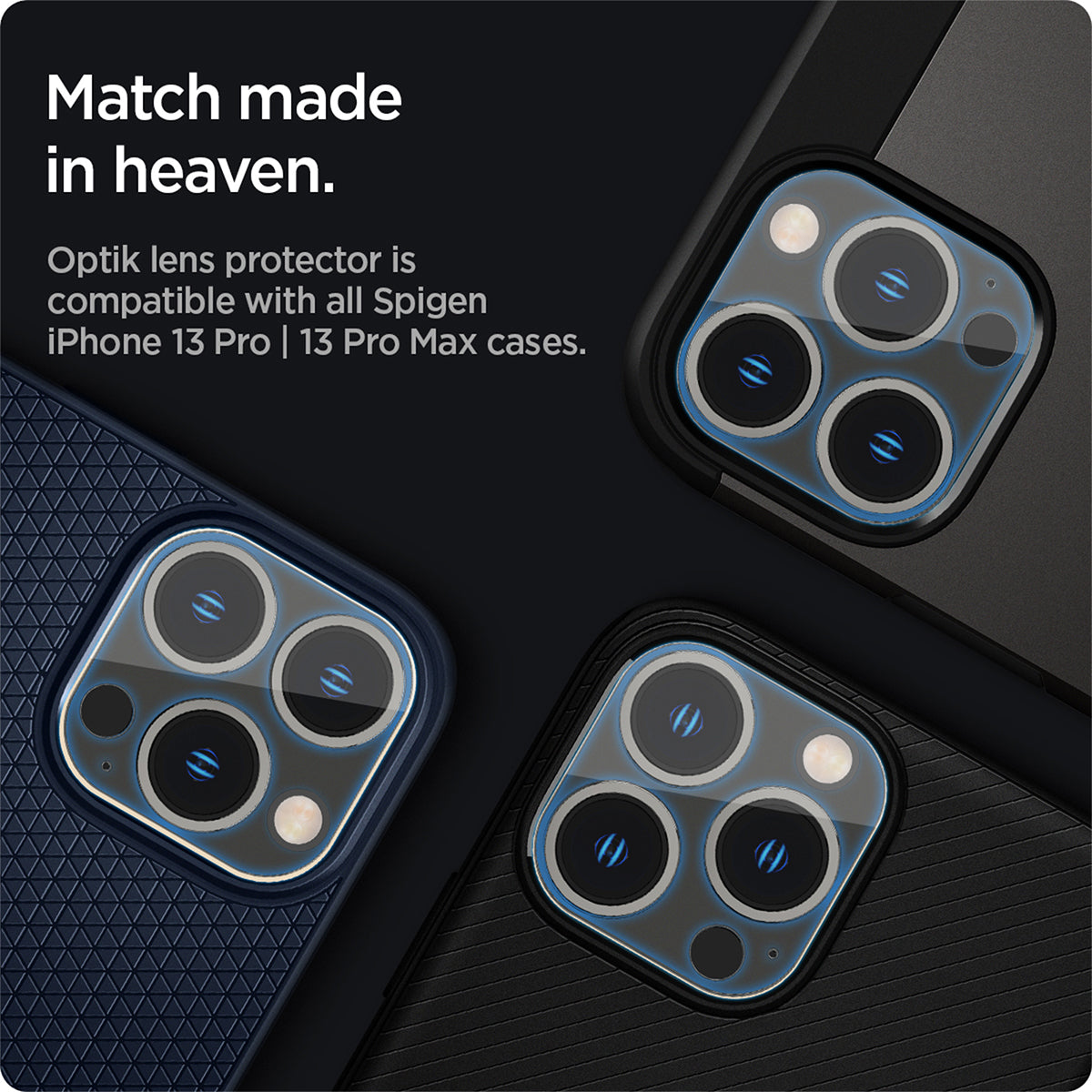 AGL04104 - iPhone 13 Pro Max / iPhone 13 Pro Optik Lens Protector in crystal clear showing match made in heaven. Optik lens protectors is compatible with all spigen iPhone 13 pro and 13 pro max cases.