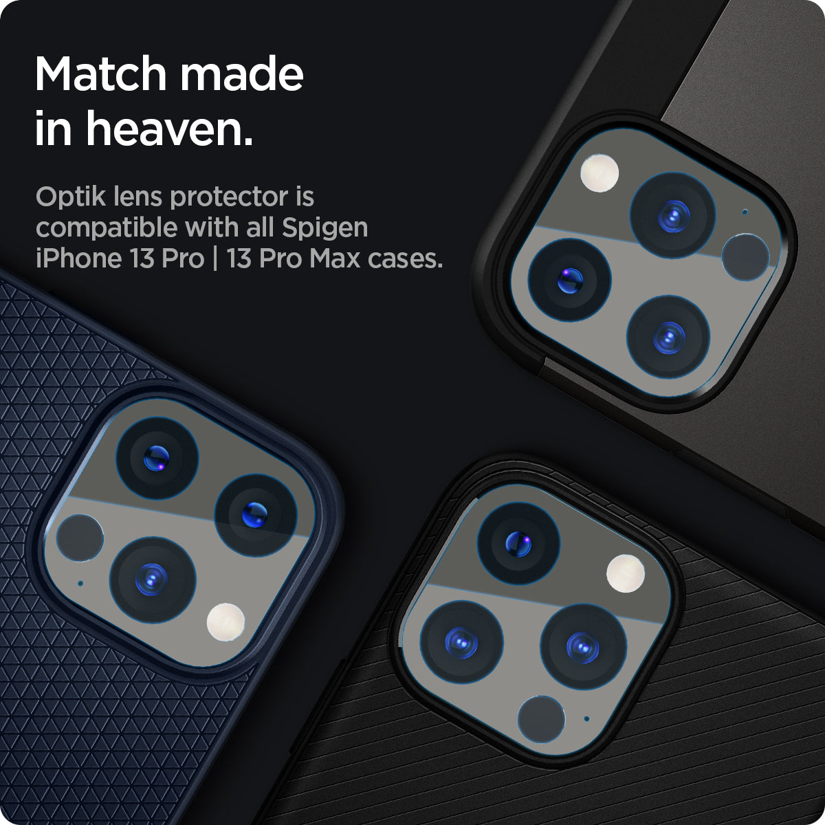 AGL04035 - iPhone 13 Pro Max / iPhone 13 Pro Optik Lens Protector in graphite showing match made in heaven. Optik lens protectors is compatible with all spigen iPhone 13 pro and 13 pro max cases.