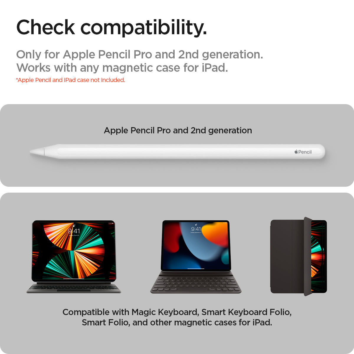 APP04545 - Apple Pencil Holder DA20 in Black showing the compatibility. Only for Apple Pencil Pro and 2nd generation. Works with any magnetic case for iPad. Apple Pencil Pro and 2nd Generation. Compatible with Magic Keyboard, Smart Keyboard Folio, Smart Folio. and other magnetic cases for iPad