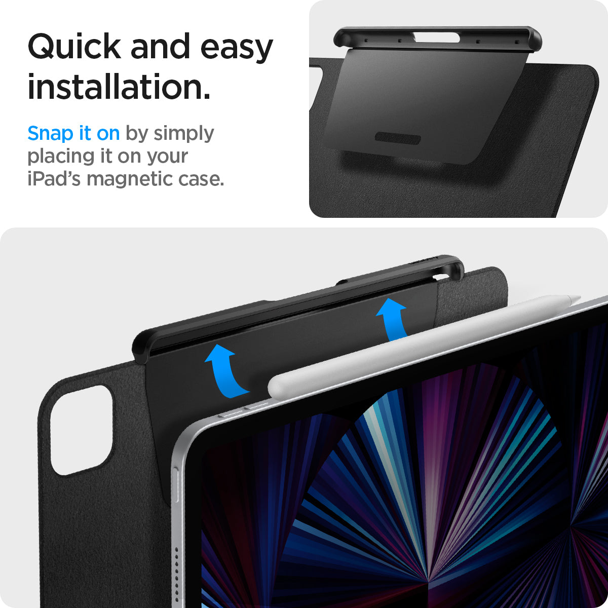 APP04545 - Apple Pencil Holder DA20 in Black showing the quick and easy installation. Snap it on by simply placing it on your iPad's magnetic case