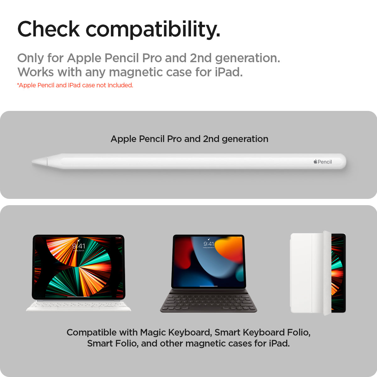 APP06266 - Apple Pencil Holder DA20 in White showing the compatibility. Only for Apple Pencil Pro and 2nd generation. Works with any magnetic case for iPad. Apple Pencil Pro and 2nd Generation. Compatible with Magic Keyboard, Smart Keyboard Folio, Smart Folio. and other magnetic cases for iPad