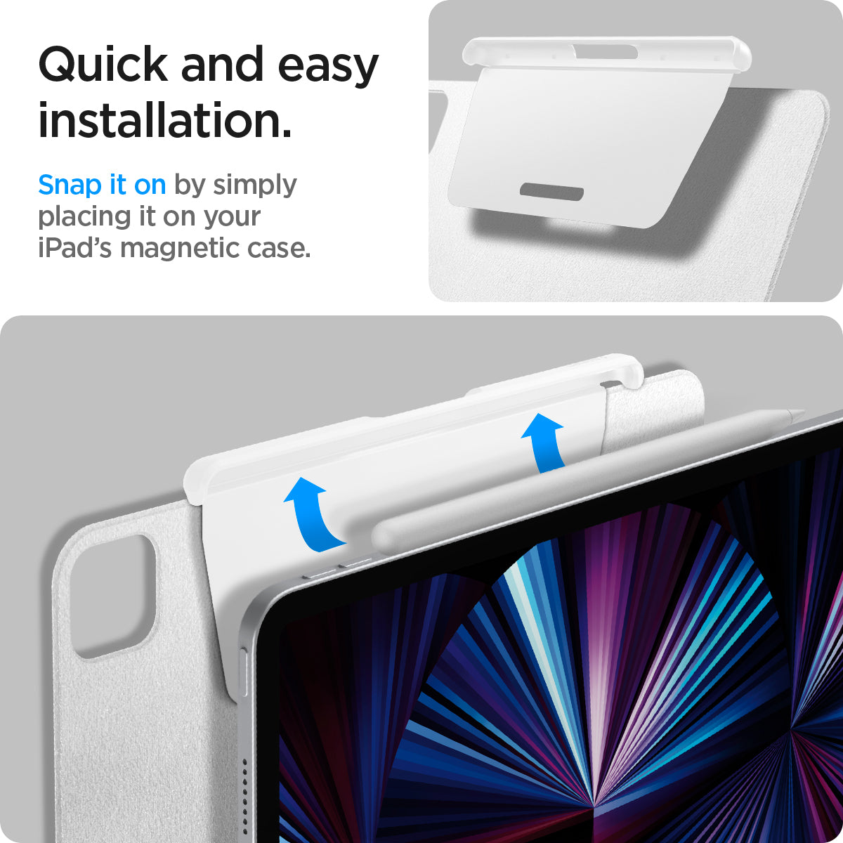 APP06266 - Apple Pencil Holder DA20 in White showing the quick and easy installation. Snap it on by simply placing it on your iPad's magnetic case