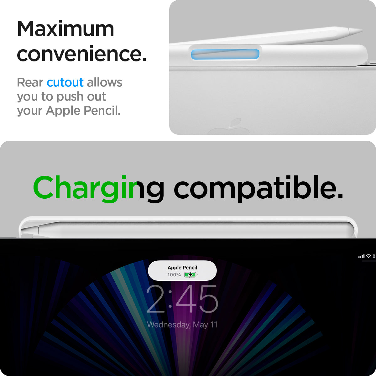 APP06266 - Apple Pencil Holder DA20 in White showing the maximum convenience. Rear cutout allows you to you to push out your Apple Pencil. Charging compatible