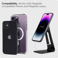 AMP025733 - OneTap Magnetic Stand (MagFit) in black showing the compatibility. Works with MagSafe compatible iPhone and MagSafe cases