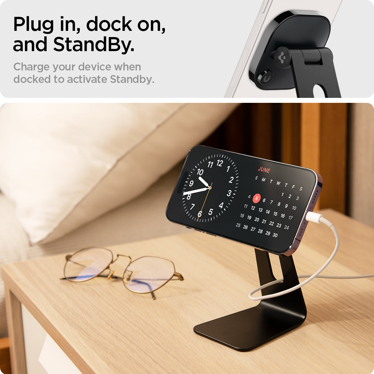 AMP025733 - OneTap Magnetic Stand (MagFit) in black showing the plug in, dock on, and standby. Charge your device when docked to activate standby