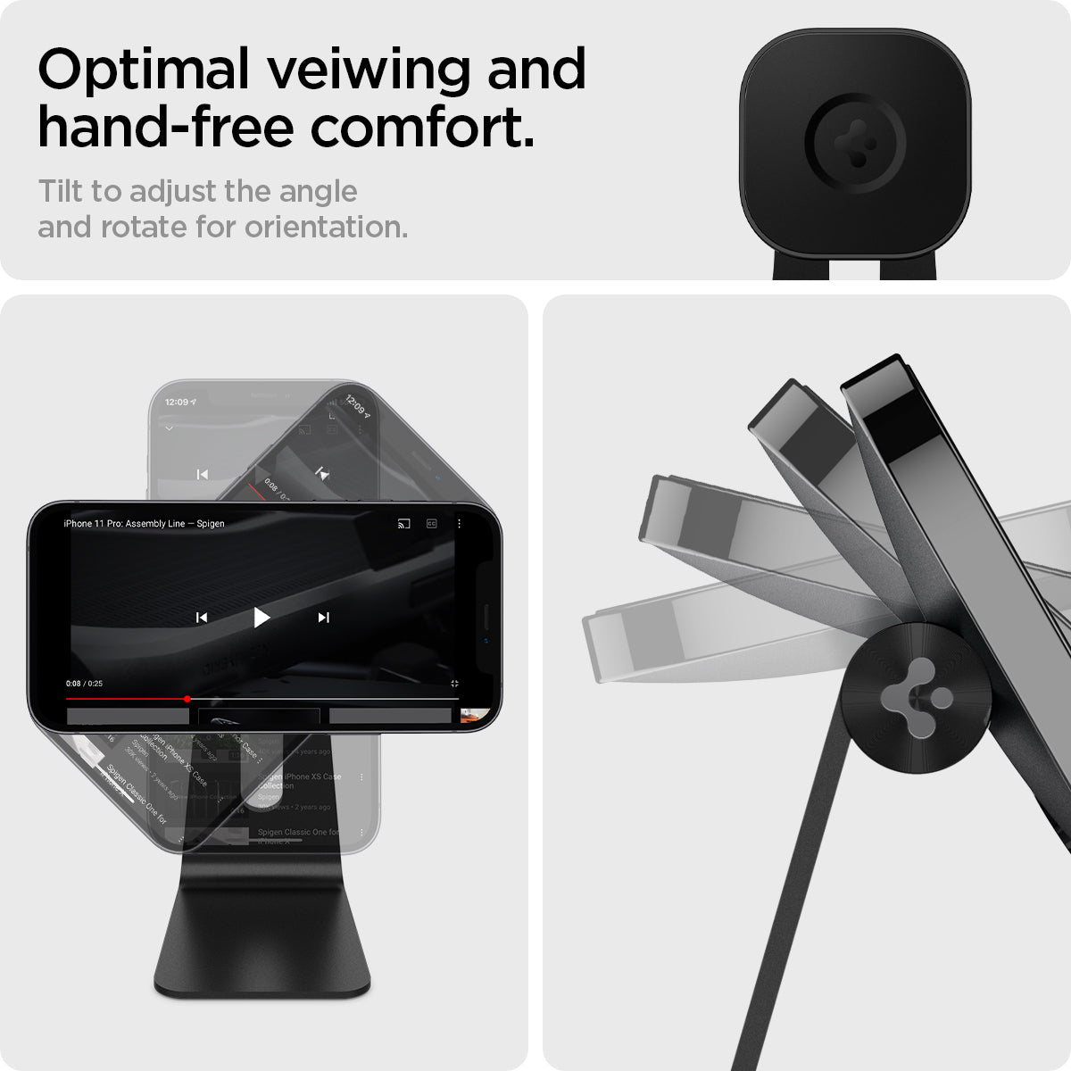 AMP025733 - OneTap Magnetic Stand (MagFit) in black showing the optimal viewing and hand-free comfort. Tilt to adjust the angle and rotate for orientation