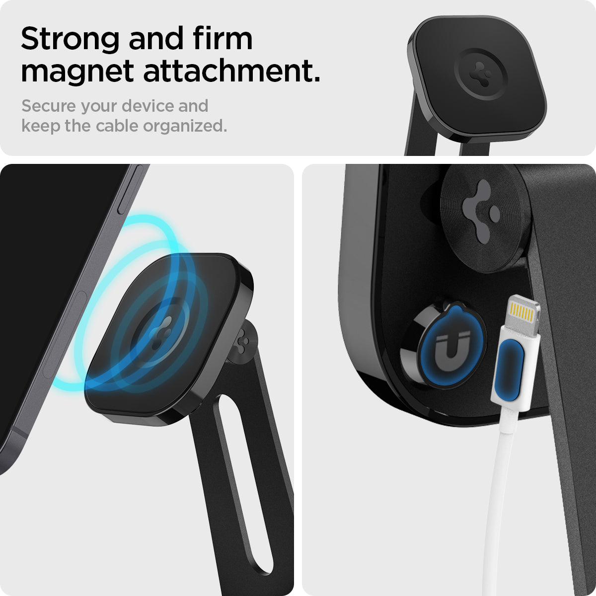 AMP025733 - OneTap Magnetic Stand (MagFit) in black showing the strong and firm magnet attachment. Secure your device and keep the cable organized