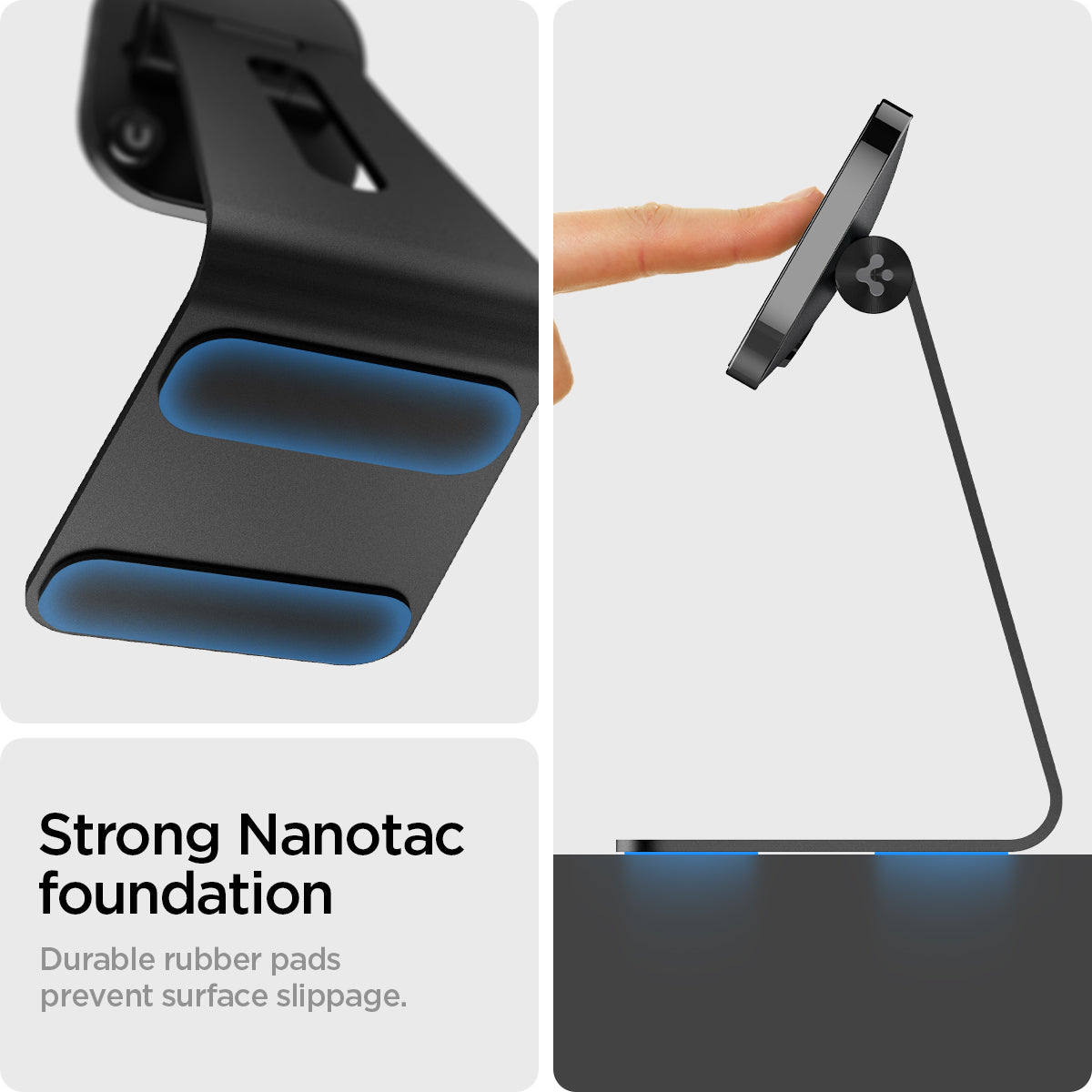 AMP025733 - OneTap Magnetic Stand (MagFit) in black showing the strong nanotac foundation. Durable rubber pads prevent surface slippage