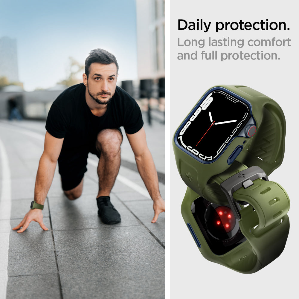 ACS04408 - Apple Watch Series (45mm) Case Liquid Air Pro in moss green showing the daily protection. Long lasting comfort and full protection