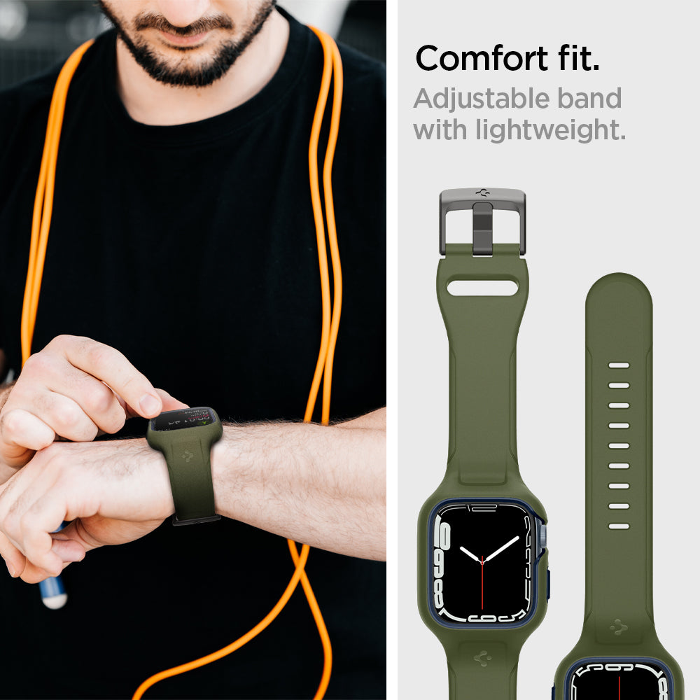 ACS04408 - Apple Watch Series (45mm) Case Liquid Air Pro in moss green showing the comfort fit. Adjustable band with lightweight