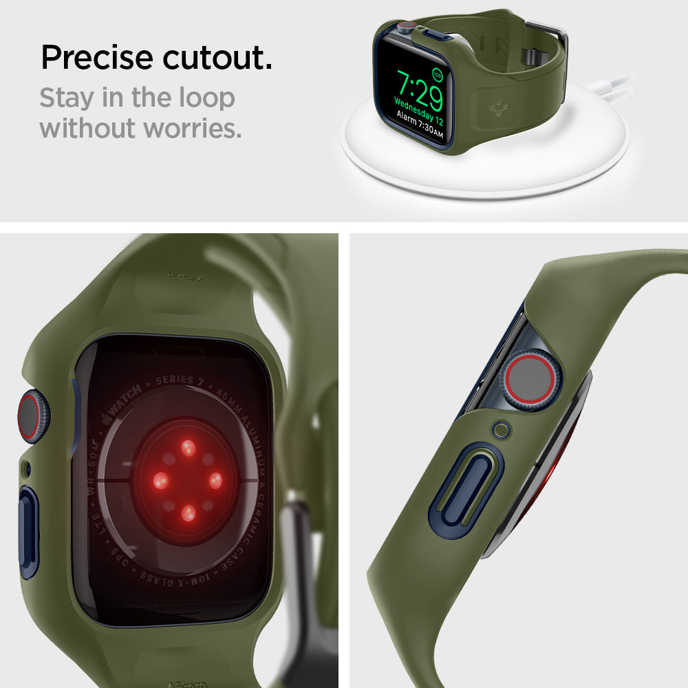 ACS04408 - Apple Watch Series (45mm) Case Liquid Air Pro in moss green showing the precise cutout. Stay in the loop without worries