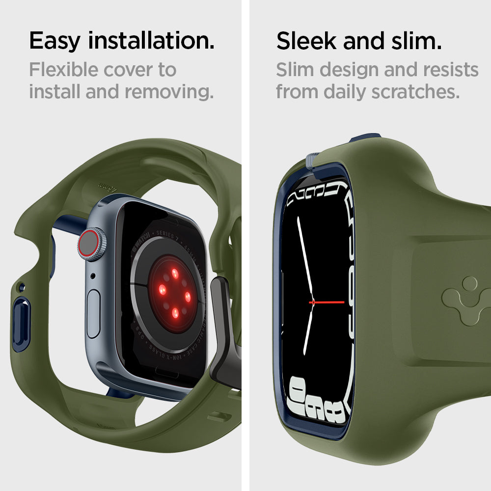 ACS04408 - Apple Watch Series (45mm) Case Liquid Air Pro in moss green showing the easy installation. Flexible cover to install and removing. Sleek and sim. Slim design and resists from daily scratches