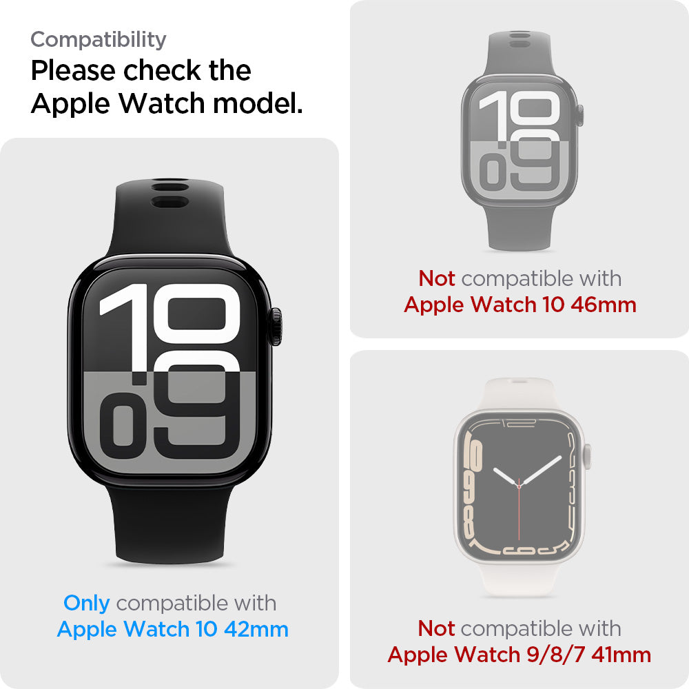 AFL08580 - Apple Watch 10 (42mm) EliteShield EZ Fit in Clear showing the compatibility. Only compatible with Apple Watch 10 42mm and not compatible with Apple Watch 10 46mm  | Apple Watch 9/8/7 41mm