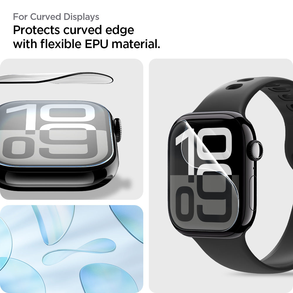 AFL08580 - Apple Watch 10 (42mm) EliteShield EZ Fit in Clear showing the for curved displays. Protects curved edge with flexible EPU material