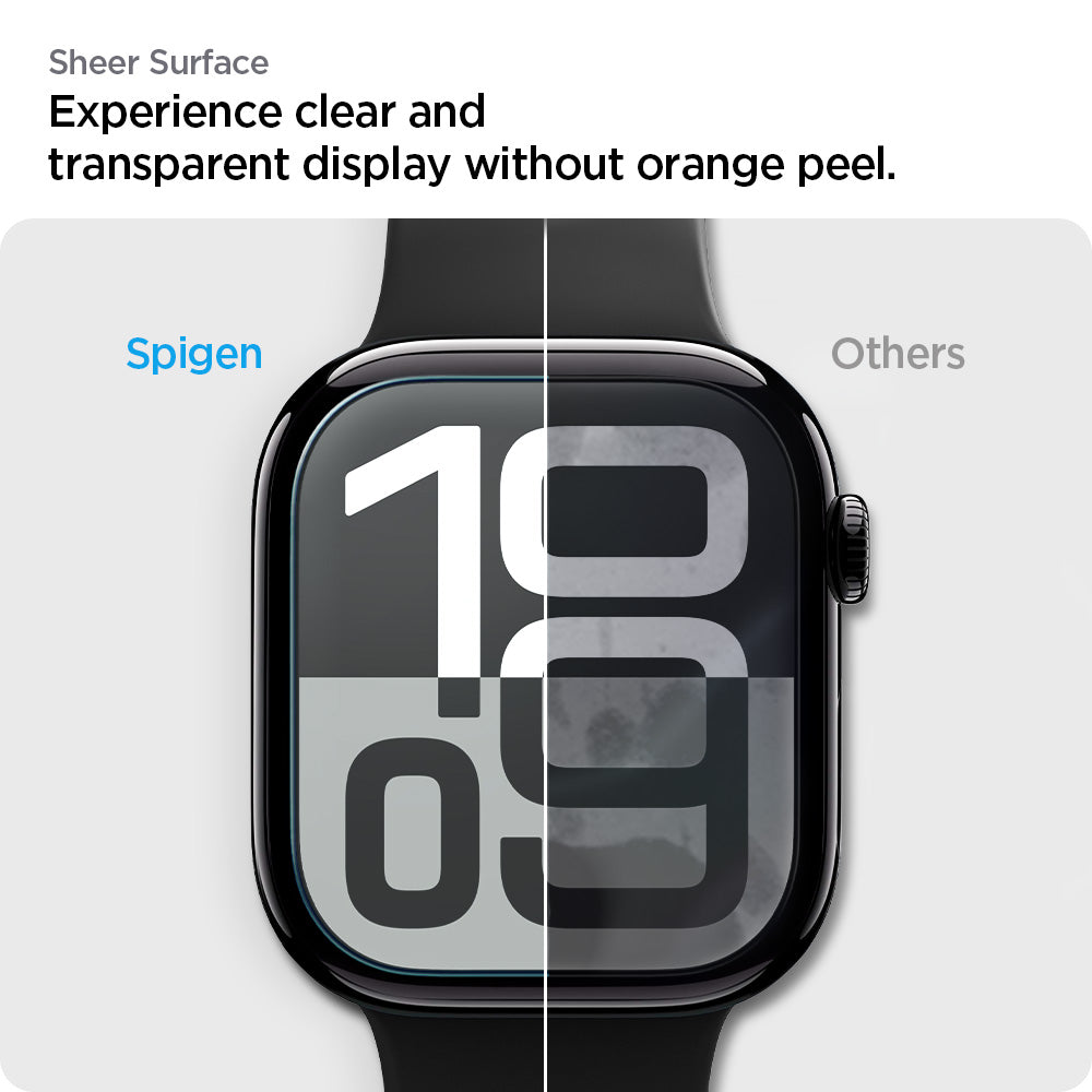 AFL08580 - Apple Watch 10 (42mm) EliteShield EZ Fit in Clear showing the Sheer Surface. Experience clear and transparent display without orange peel