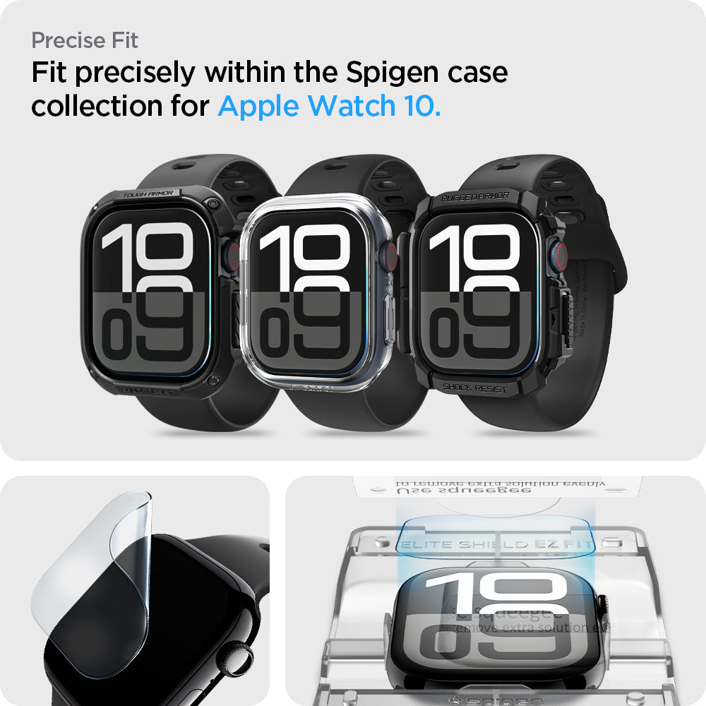 AFL08580 - Apple Watch 10 (42mm) EliteShield EZ Fit in Clear showing the precise fit. Fit precisely within the Spigen case collection for Apple Watch 10
