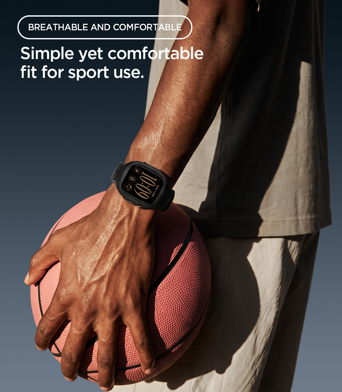 ACS11899 - Apple Watch 12 (46mm) Liquid Air Pro showing the smartwatch worn during sports with a breathable integrated case and band