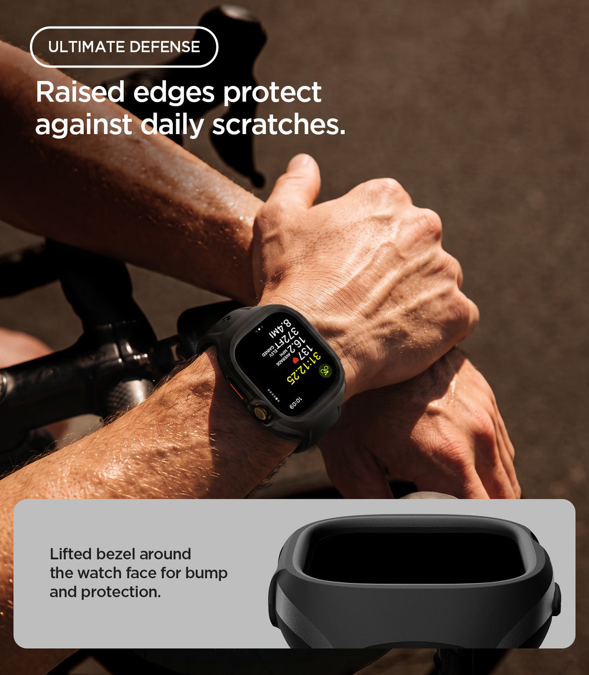ACS11899 - Apple Watch 12 (46mm) Liquid Air Pro showing the smartwatch worn during cycling with raised edges protecting the watch face