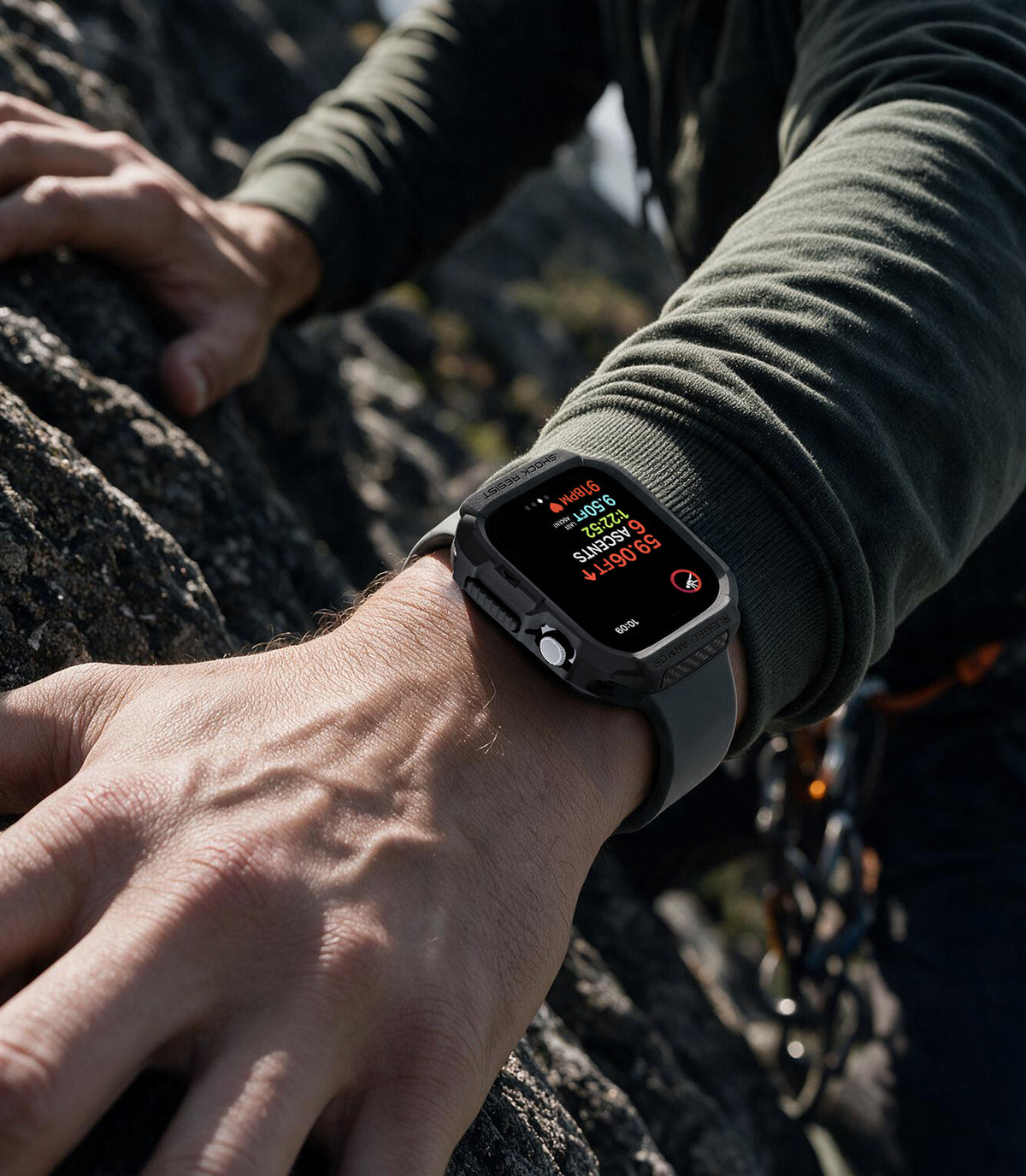 ACS11886 - Apple Watch Series 12 (46mm) Case Rugged Armor in Matte Black showing the rugged protective case worn during an outdoor climbing activity