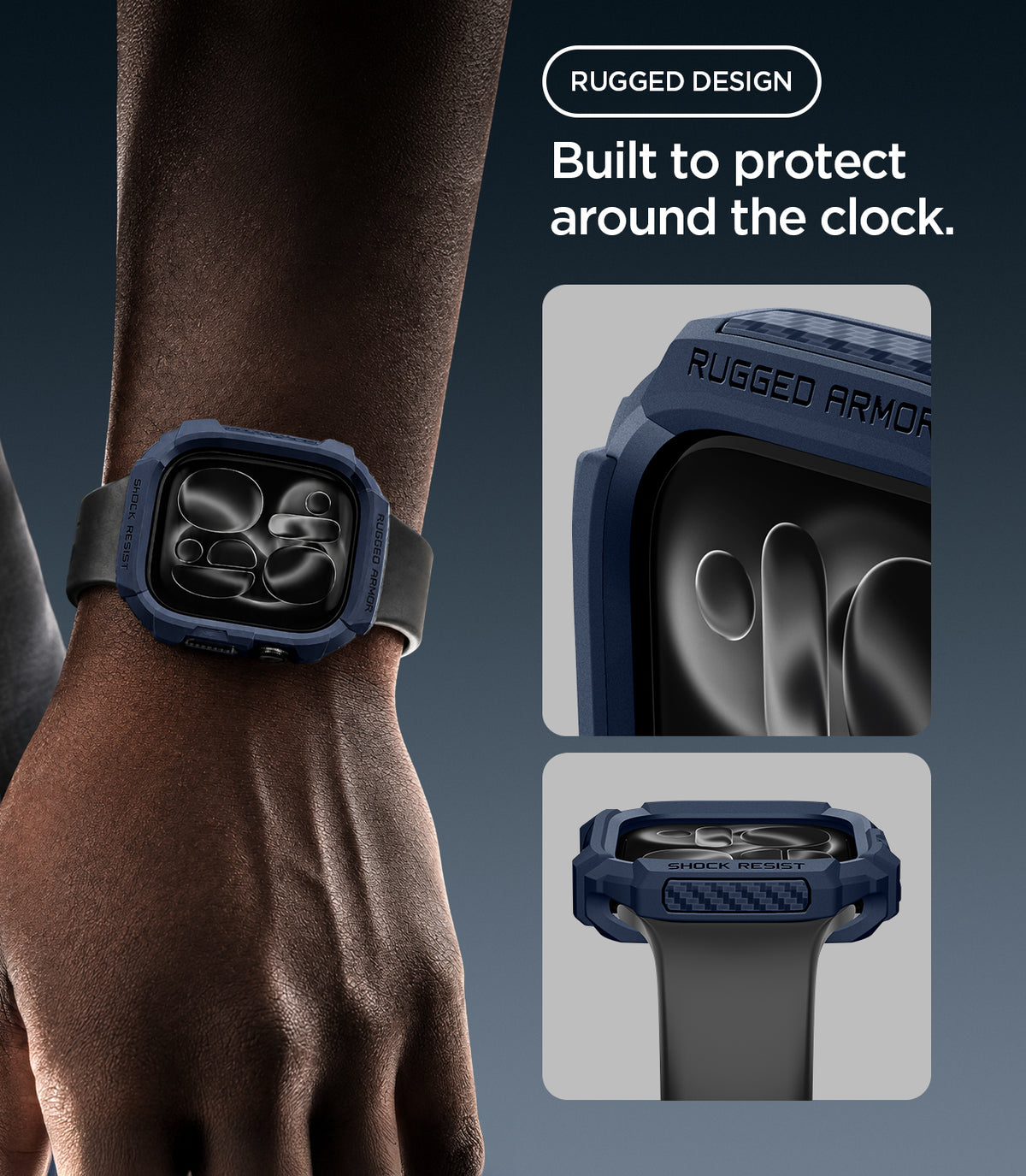 ACS11888 - Apple Watch Series 12 (46mm) Case Rugged Armor in Navy Blue showing the rugged case design with reinforced edges and raised protection around the watch face