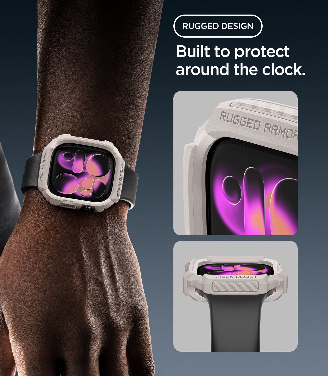 ACS11889 - Apple Watch Series 12 (46mm) Case Rugged Armor in Dune Beige showing the rugged case design with reinforced edges and raised protection around the watch face