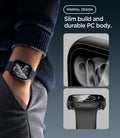 ACS11882 - Man wearing the Spigen Apple Watch case with hand in pocket, alongside close-up insets of the case's slim bezel and Spigen logo on the band