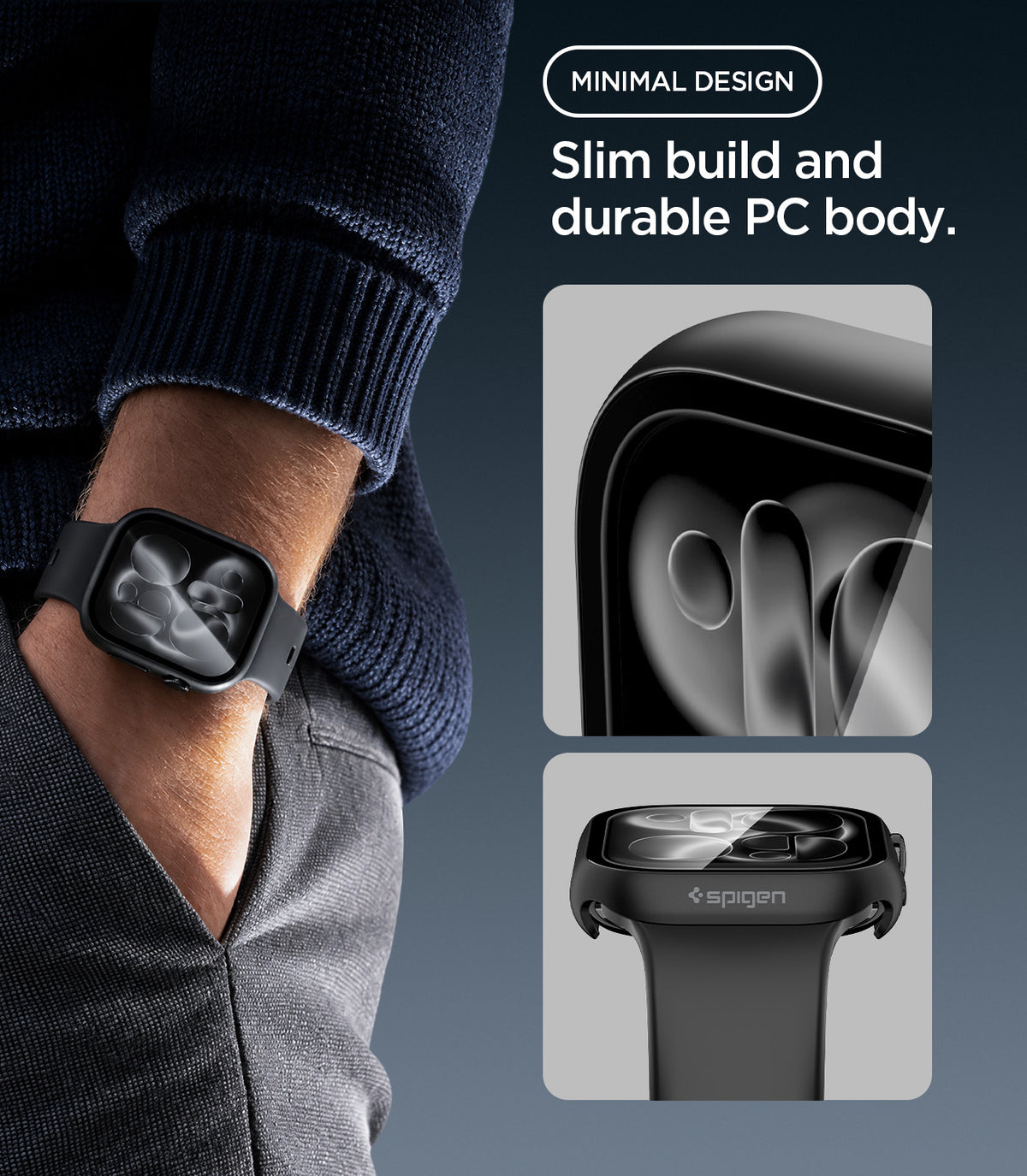 ACS11882 - Man wearing the Spigen Apple Watch case with hand in pocket, alongside close-up insets of the case's slim bezel and Spigen logo on the band