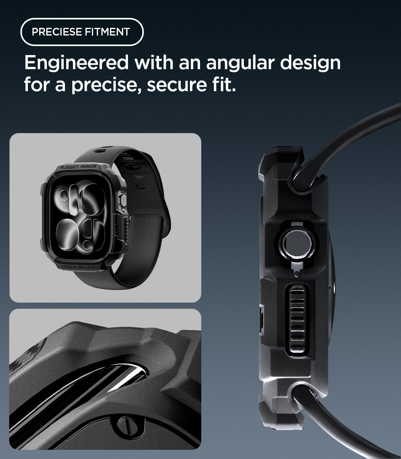ACS11886 - Apple Watch Series 12 (46mm) Case Rugged Armor in Matte Black showing the angular protective frame with precise fit around the crown and side controls