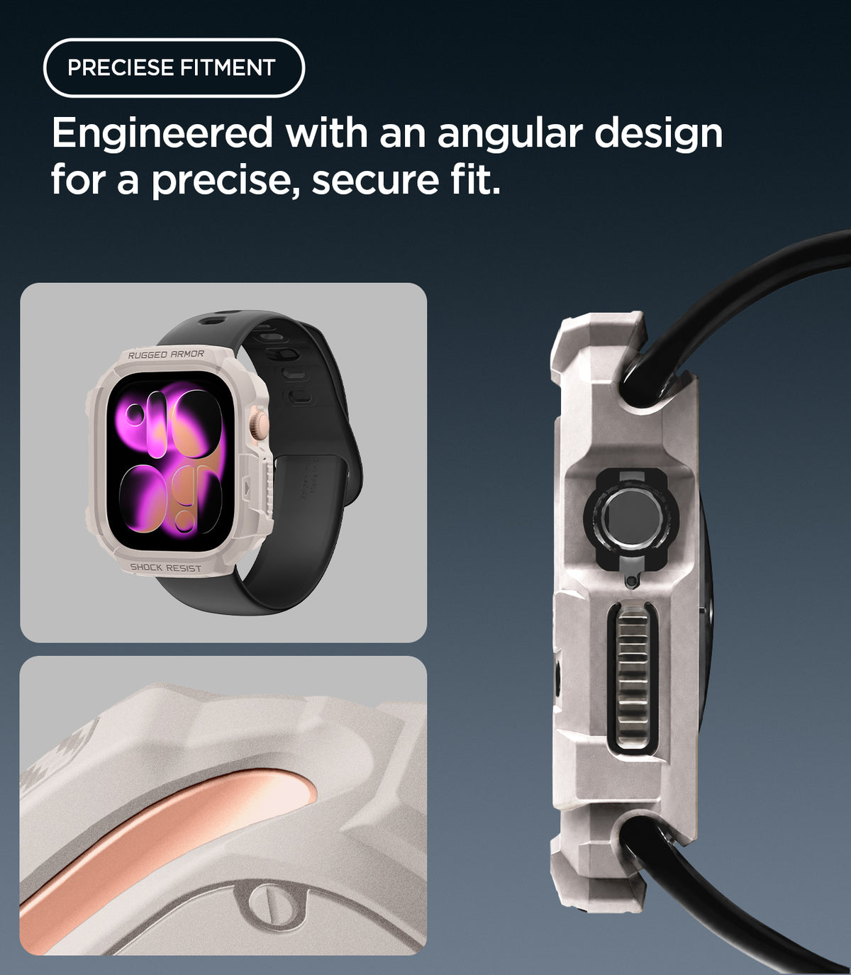 ACS11889 - Apple Watch Series 12 (46mm) Case Rugged Armor in Dune Beige showing the angular protective frame with precise fit around the crown and side controls