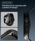  ACS11892 - Spigen Apple Watch case shown from the front with insets of the curved bezel edge and the side profile showing the digital crown and button cutouts