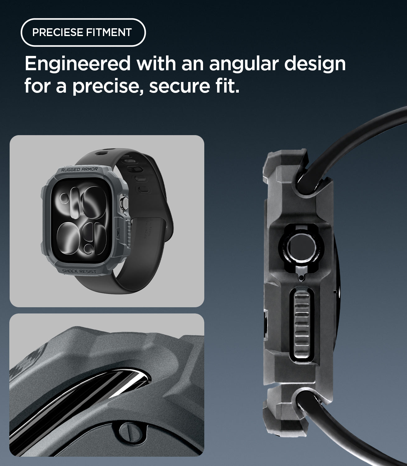 ACS11887 - Apple Watch Series 12 (46mm) Case Rugged Armor in Dark Gray showing the angular protective frame with precise fit around the crown and side controls
