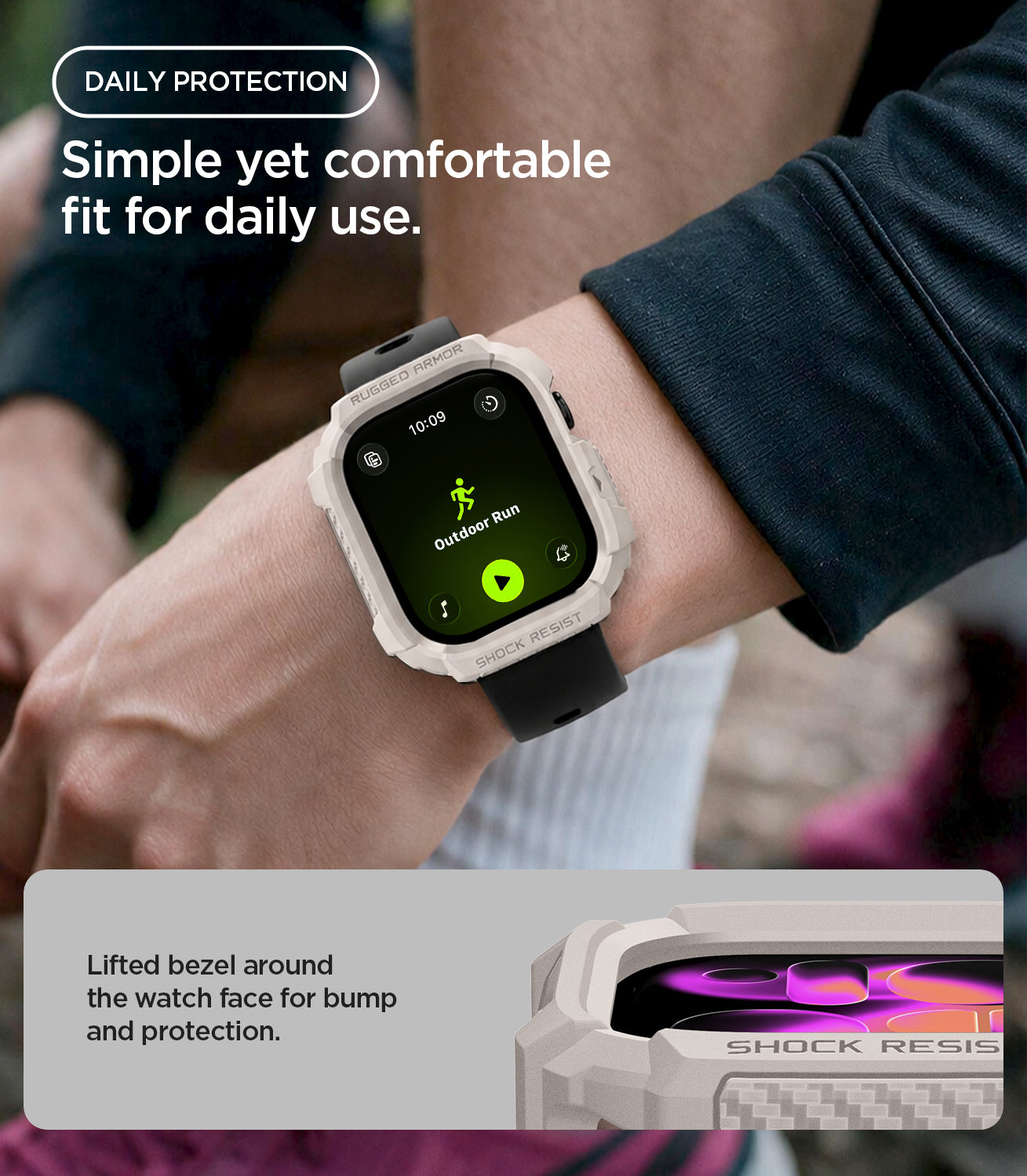 ACS11889 - Apple Watch Series 12 (46mm) Case Rugged Armor in Dune Beige showing the rugged case worn during outdoor activity with a raised bezel for added screen protection