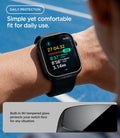  ACS11892 - Person wearing the Spigen Apple Watch case while running on a track, showing workout stats on screen, with an inset of the built-in 9H tempered glass