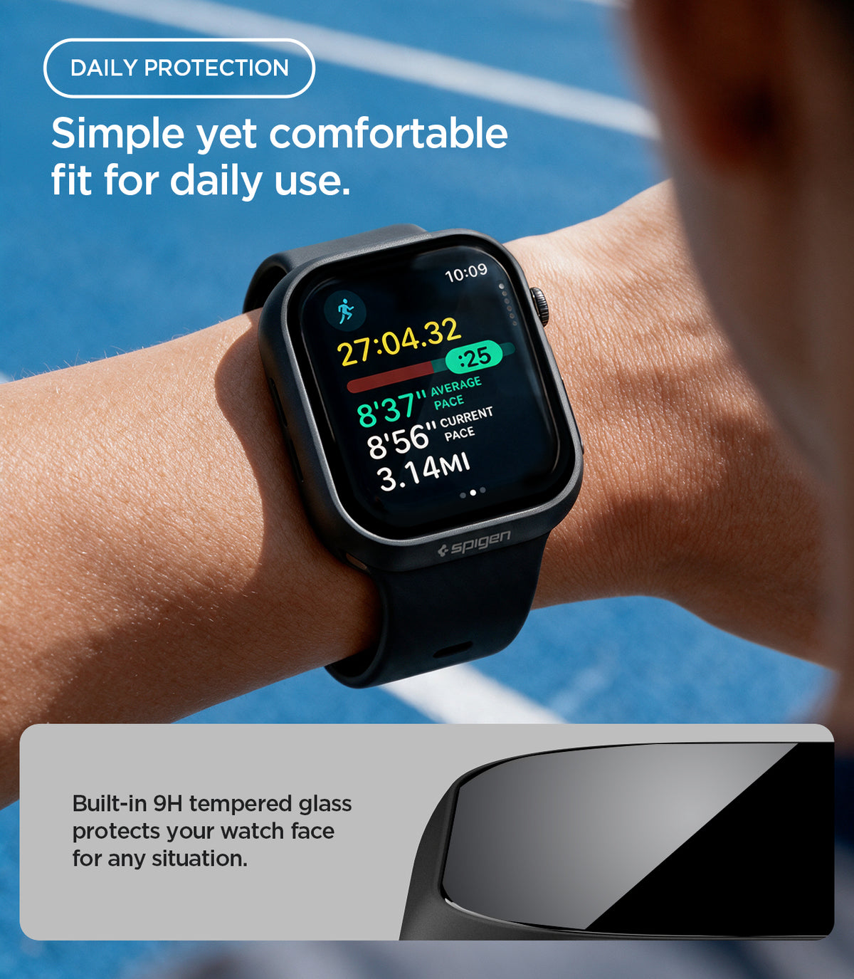  ACS11892 - Person wearing the Spigen Apple Watch case while running on a track, showing workout stats on screen, with an inset of the built-in 9H tempered glass