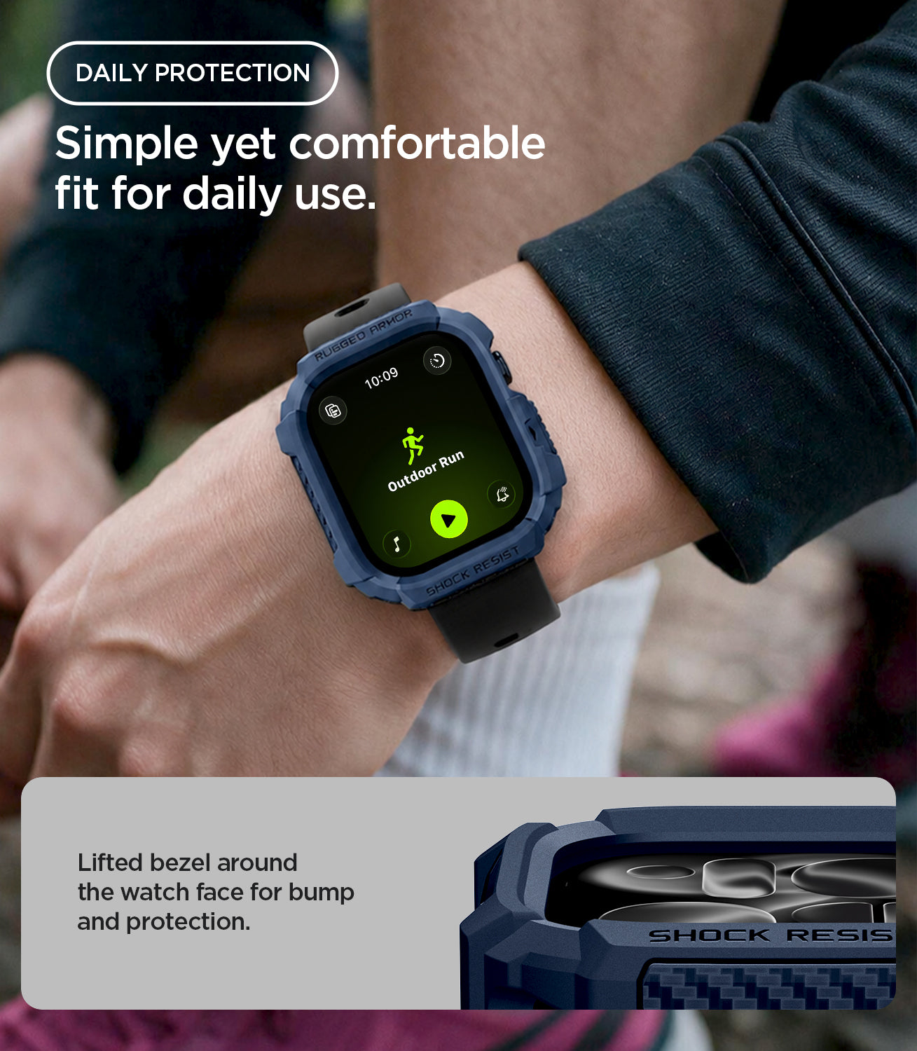 ACS11888 - Apple Watch Series 12 (46mm) Case Rugged Armor in Navy Blue showing the rugged case worn during outdoor activity with a raised bezel for added screen protection
