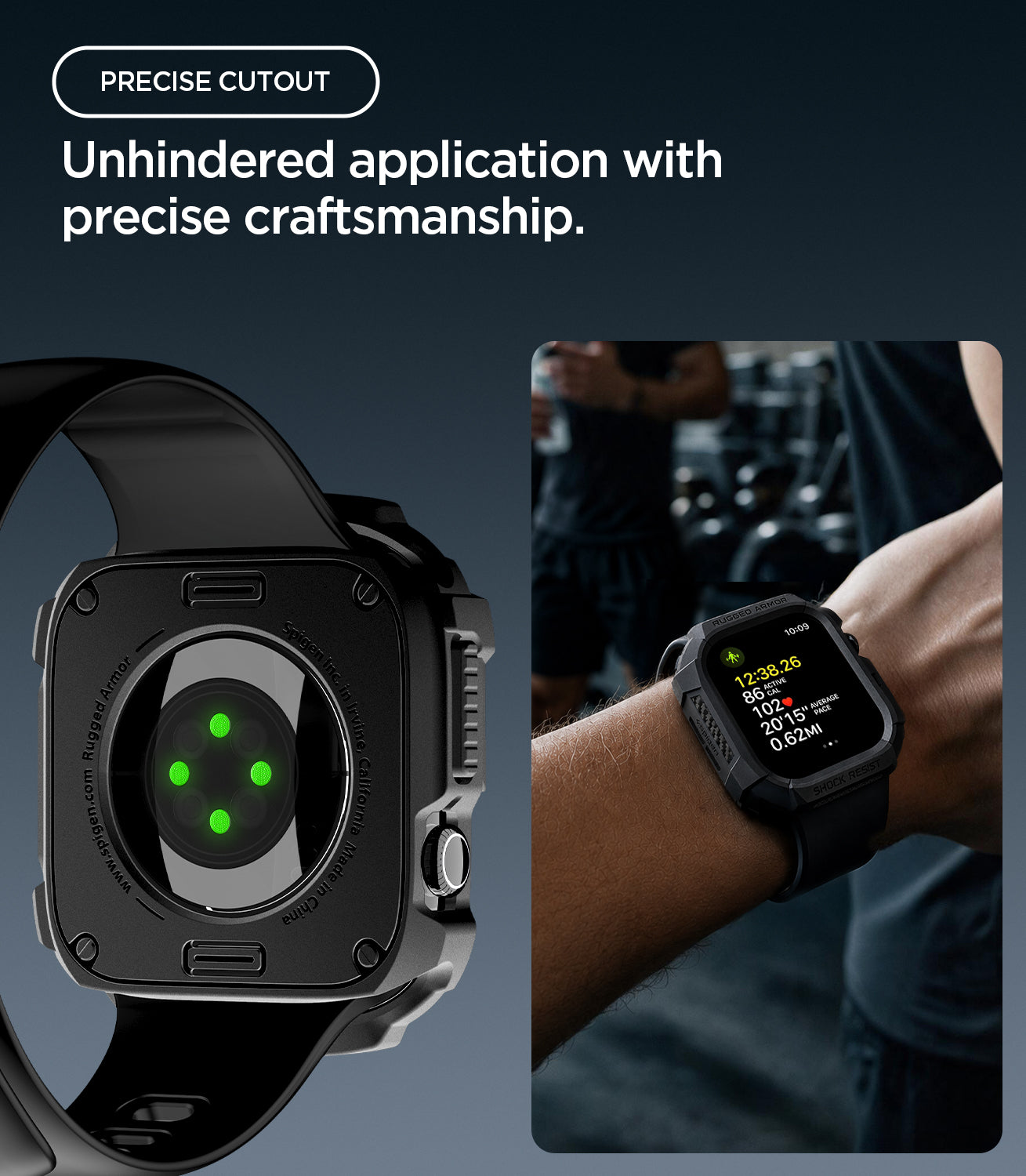  ACS11877 - Apple Watch Series 12(42mm) Case Rugged Armor in Matte Black showing the rear sensor opening and precise cutouts with the rugged case worn during a workout