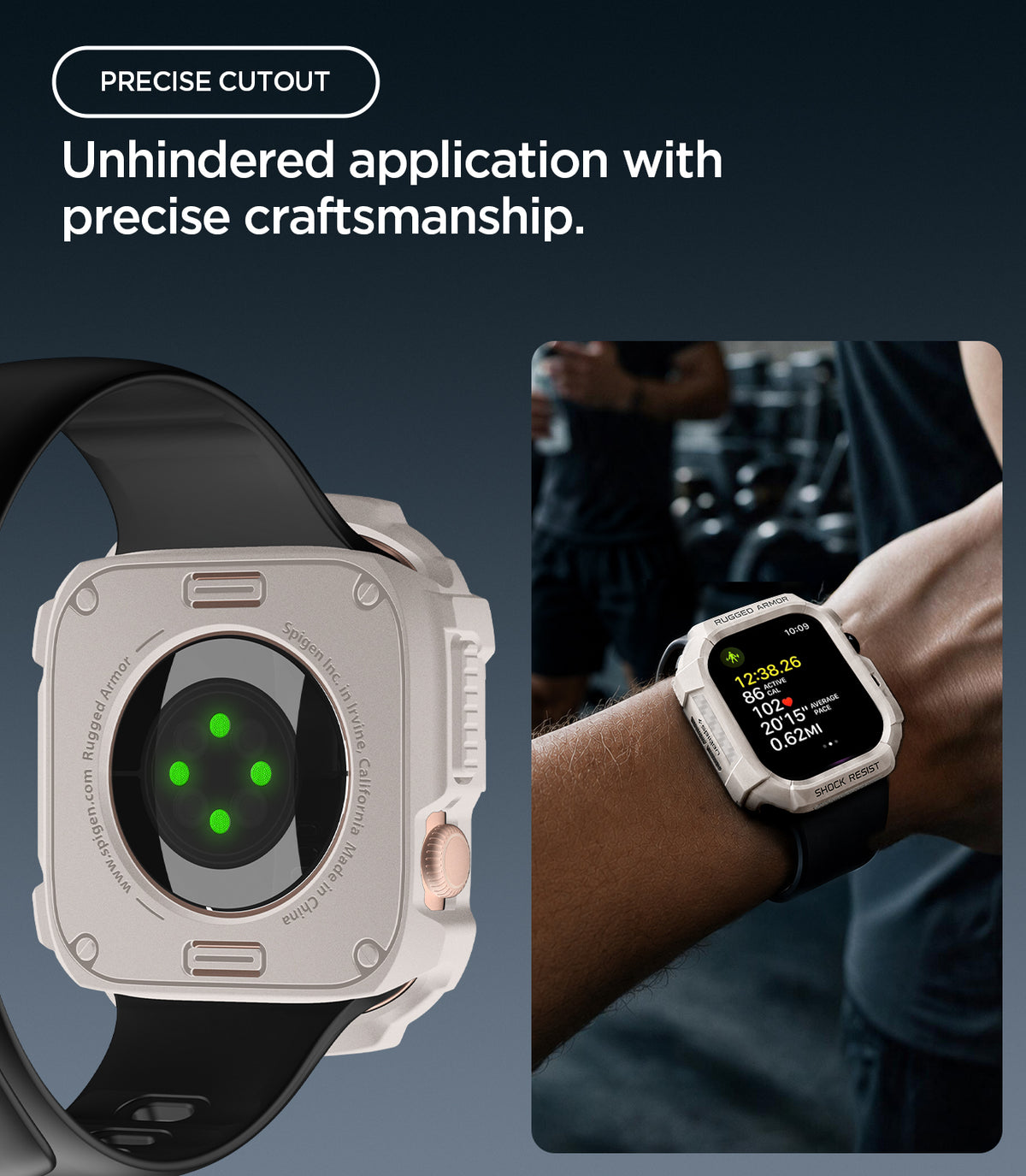 ACS11889 - Apple Watch Series 12 (46mm) Case Rugged Armor in Dune Beige showing the rear sensor opening and precise cutouts with the rugged case worn during a workout