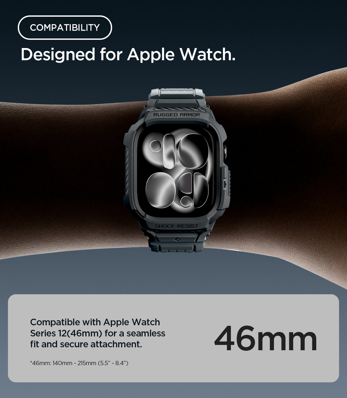 ACS11895 - Apple Watch Series 12 (46mm) Case Rugged Armor Pro in Dark Gray showing compatibility with the 46mm size for a seamless fit and secure attachment
