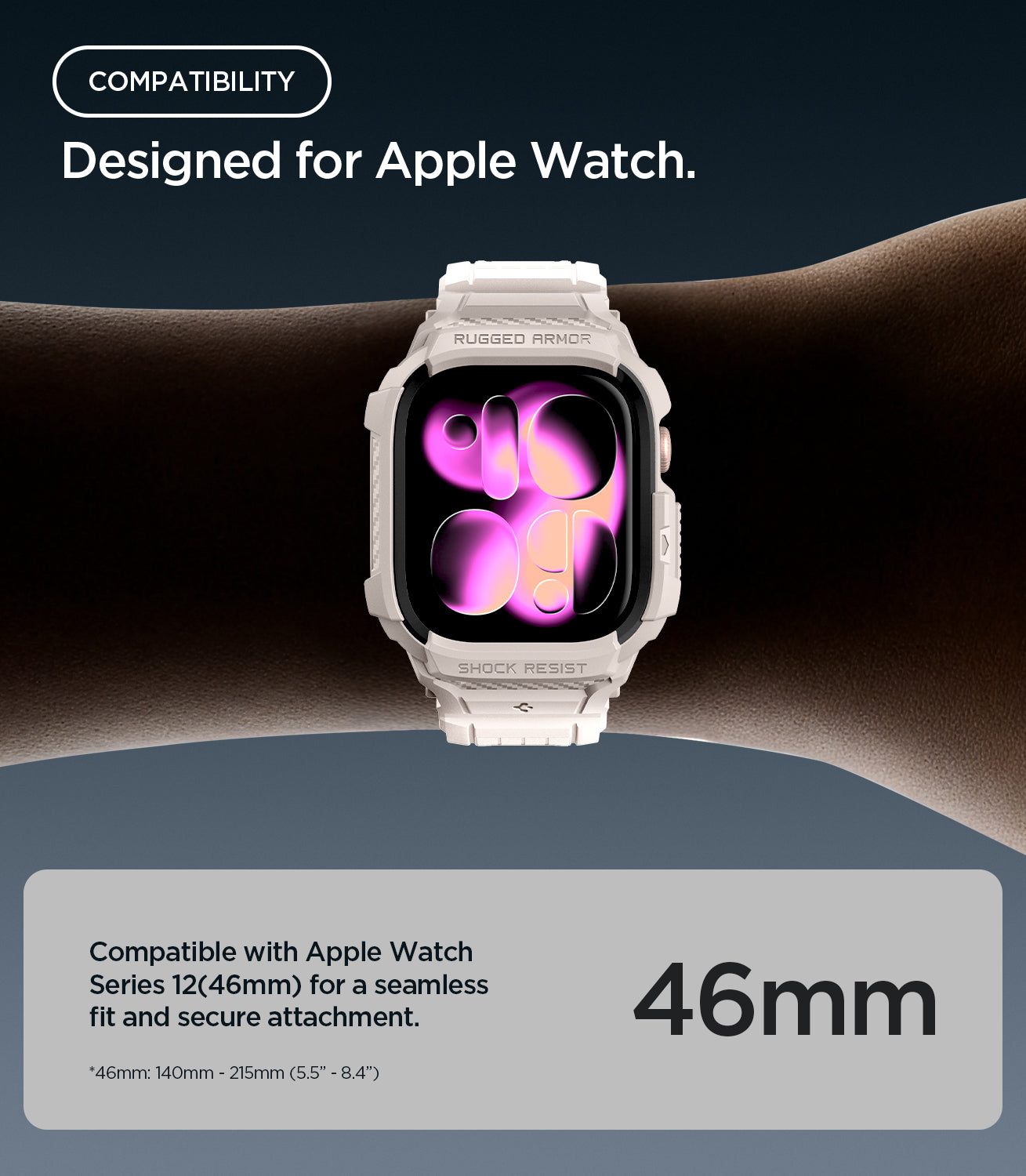 ACS11897 - Apple Watch Series 12 (46mm) Case Rugged Armor Pro in Dune Beige showing compatibility with the 46mm size for a seamless fit and secure attachment
