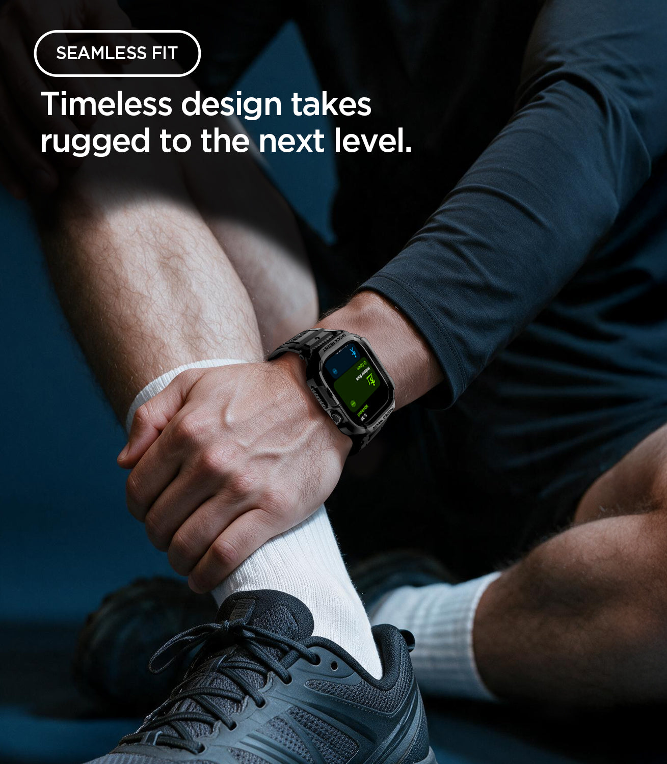 ACS11894 - Apple Watch Series 12 (46mm) Case Rugged Armor Pro in Matte Black showing the rugged case and band worn on the wrist for a secure and comfortable fit
