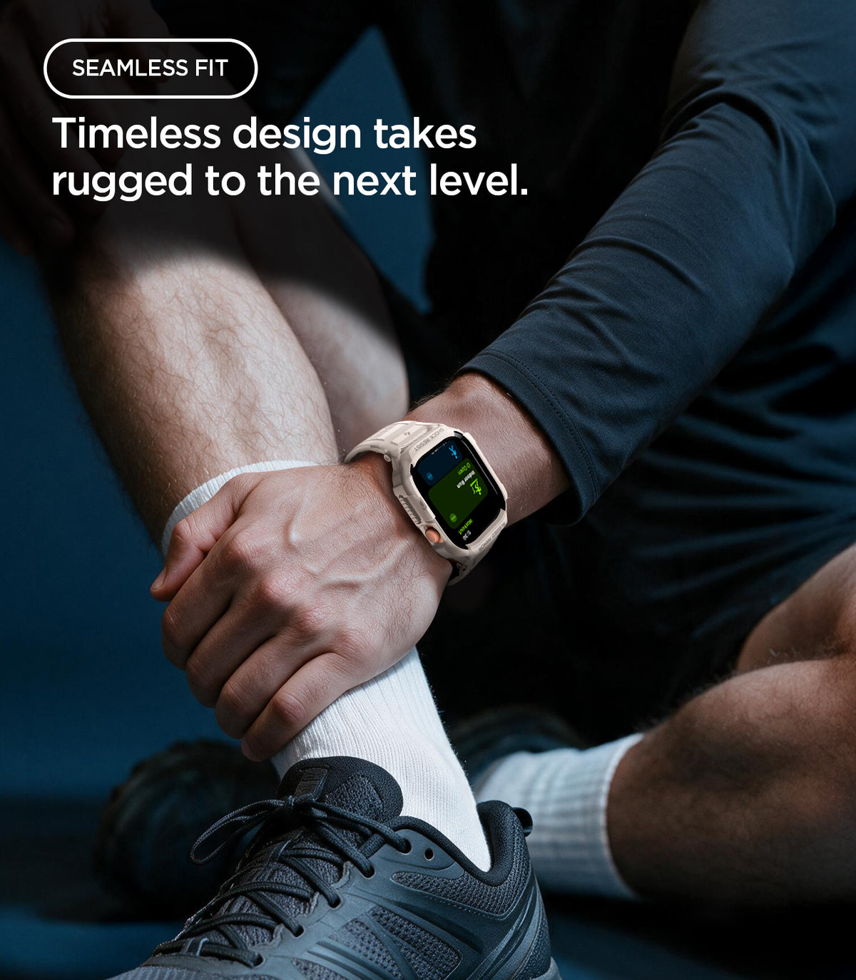ACS11897 - Apple Watch Series 12 (46mm) Case Rugged Armor Pro in Dune Beige showing the rugged case and band worn on the wrist for a secure and comfortable fit