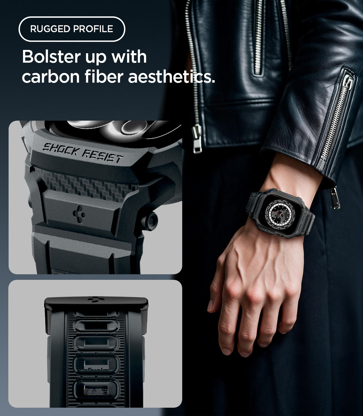 ACS11895 - Apple Watch Series 12 (46mm) Case Rugged Armor Pro in Dark Gray showing carbon fiber inspired detailing and reinforced elements for a rugged profile
