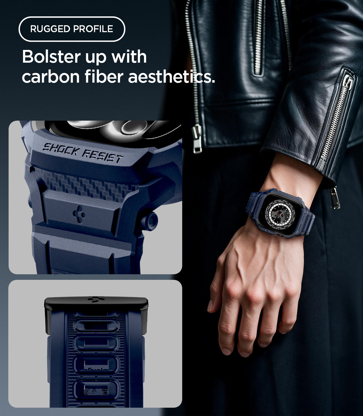 ACS11896 - Apple Watch Series 12 (46mm) Case Rugged Armor Pro in Navy Blue showing carbon fiber inspired detailing and reinforced elements for a rugged profile
