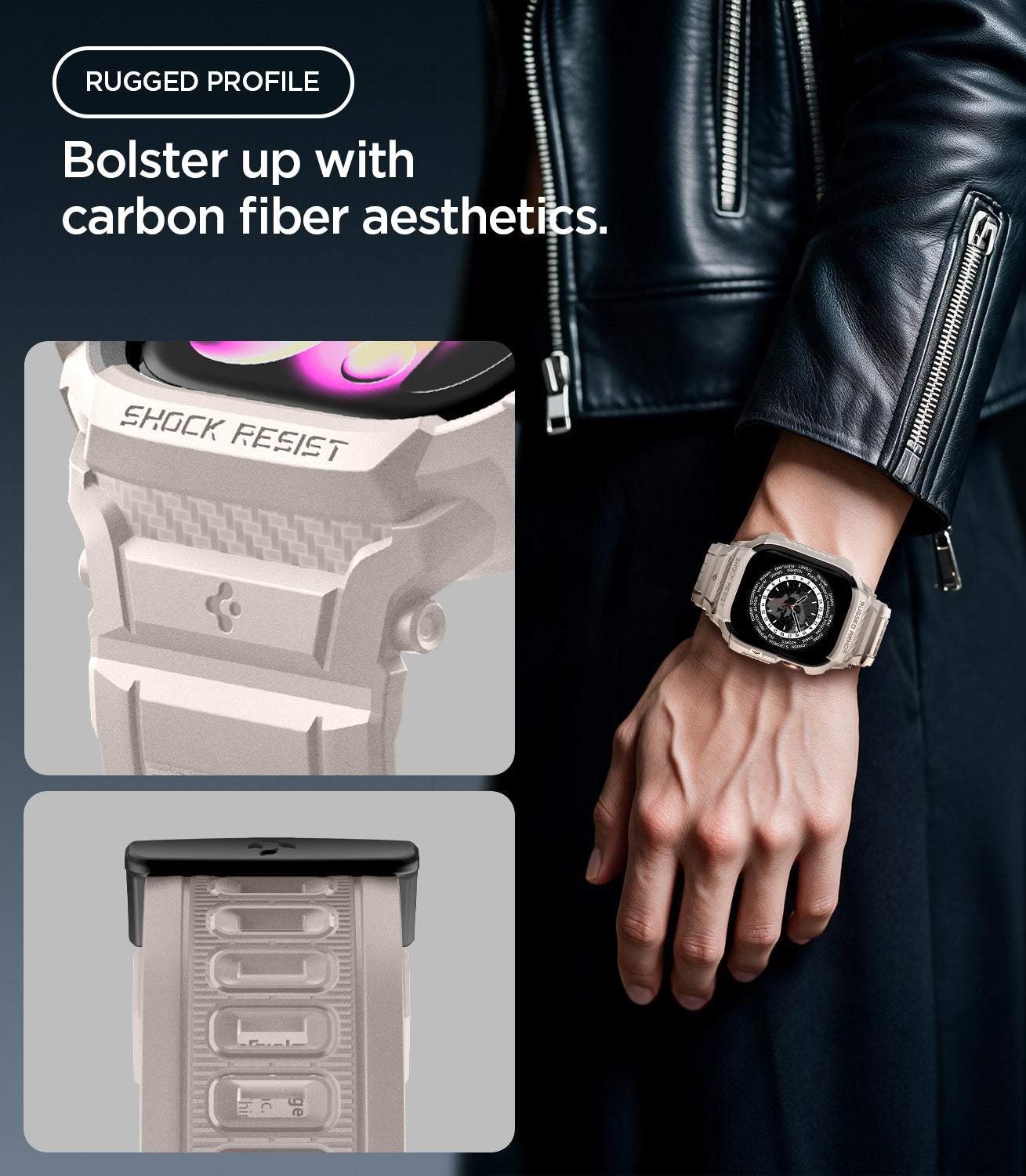 ACS11897 - Apple Watch Series 12 (46mm) Case Rugged Armor Pro in Dune Beige showing carbon fiber inspired detailing and reinforced elements for a rugged profile