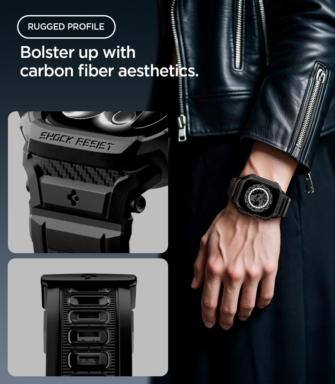 ACS11883 - Apple Watch Series 12(42mm) Case Rugged Armor Pro in Matte Black showing carbon fiber inspired detailing and reinforced elements for a rugged profile