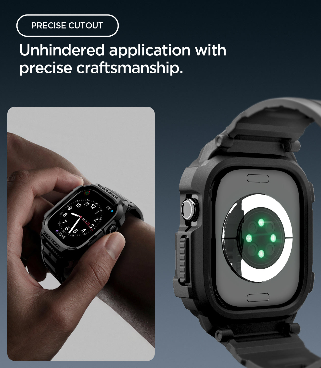 ACS11883 - Apple Watch Series 12(42mm) Case Rugged Armor Pro in Matte Black showing precise cutouts providing easy access to controls while keeping the sensor area open