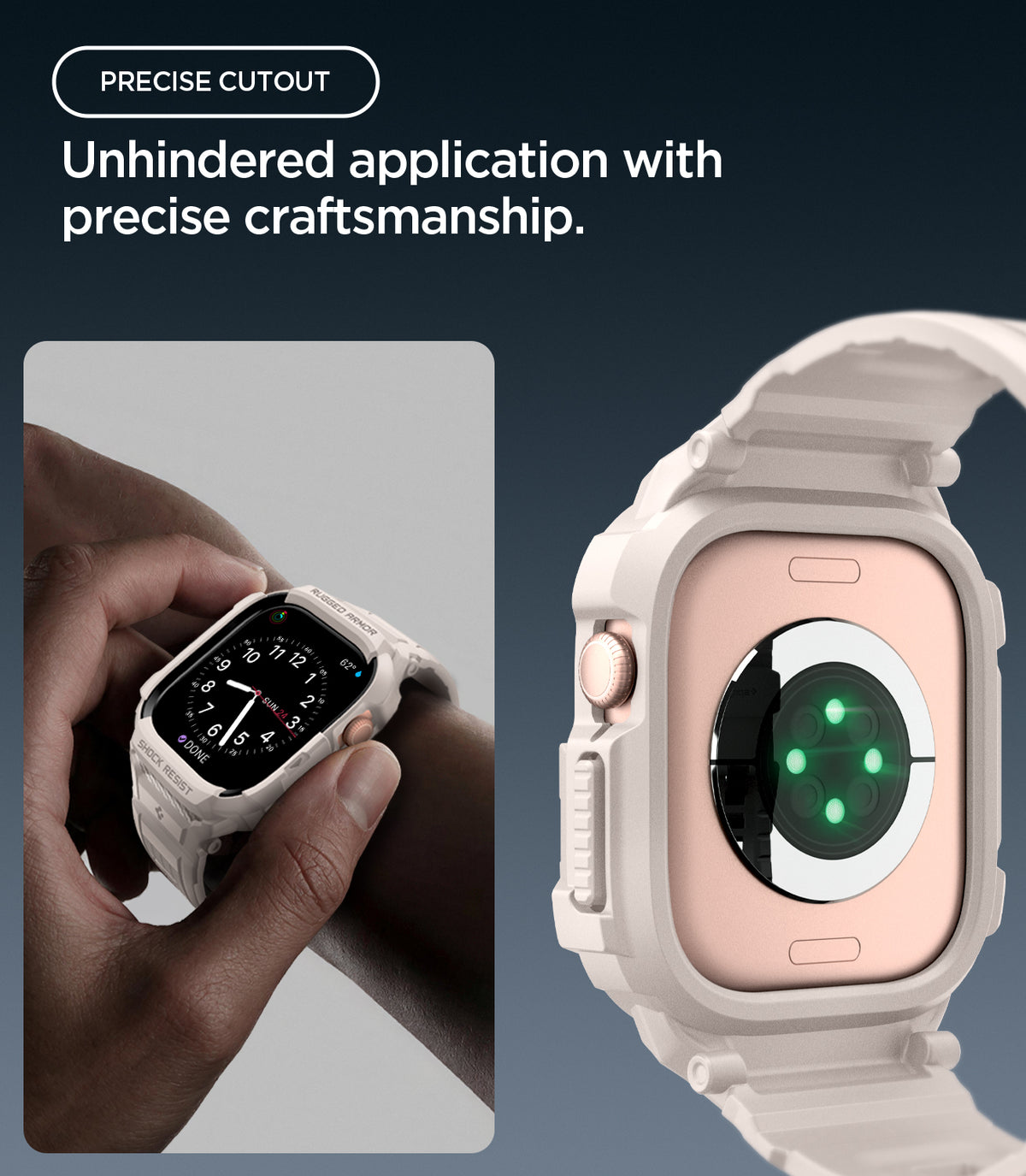 ACS11897 - Apple Watch Series 12 (46mm) Case Rugged Armor Pro in Dune Beige showing precise cutouts providing easy access to controls while keeping the sensor area open
