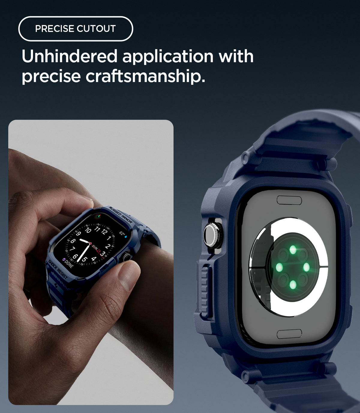 ACS11896 - Apple Watch Series 12 (46mm) Case Rugged Armor Pro in Navy Blue showing precise cutouts providing easy access to controls while keeping the sensor area open