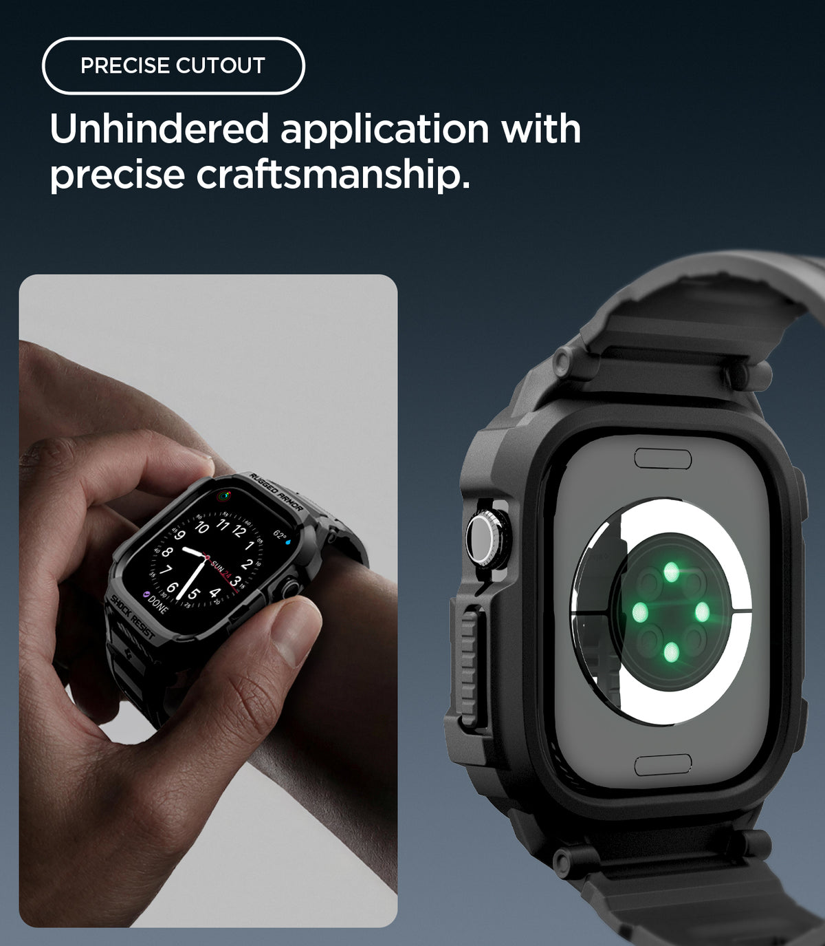 ACS11894 - Apple Watch Series 12 (46mm) Case Rugged Armor Pro in Matte Black showing precise cutouts providing easy access to controls while keeping the sensor area open