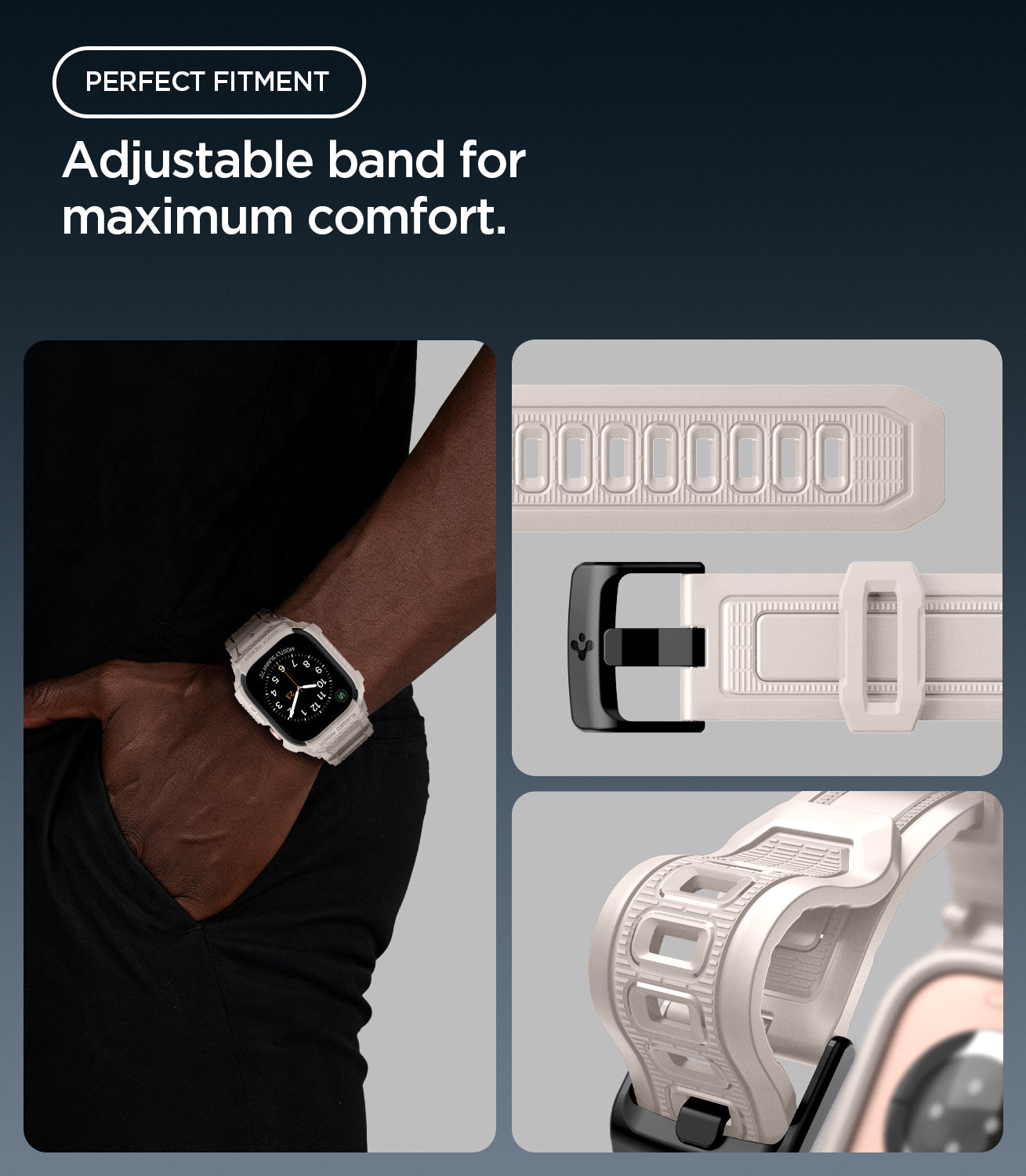 ACS11897 - Apple Watch Series 12 (46mm) Case Rugged Armor Pro in Dune Beige showing the adjustable band, buckle, and multiple sizing holes for a comfortable fit
